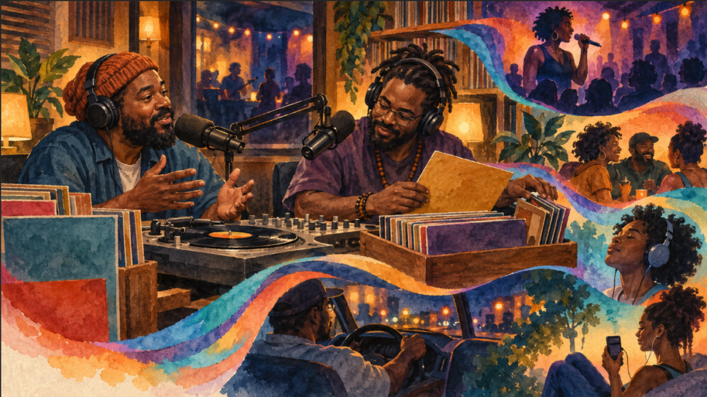 Two Black radio hosts discuss and select records in an Austin studio as their music reaches local performers and neighborhood listeners.