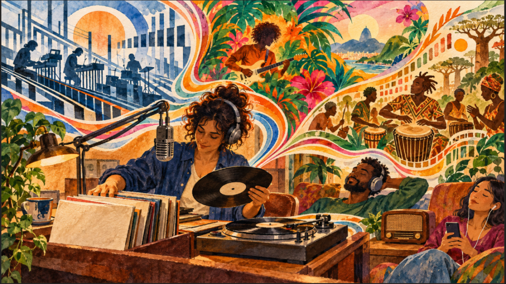 A radio host selects records as flowing rhythms connect krautrock, Brazilian psychedelia, West African percussion and screen-free listeners.