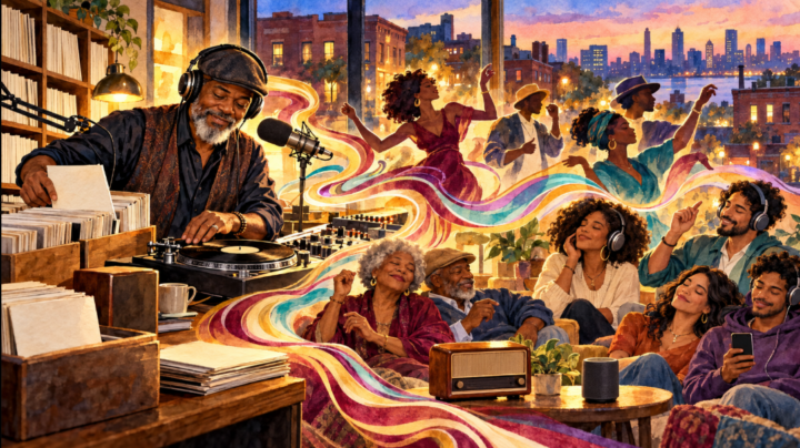 A veteran Newark radio host selects soul and R&B records as flowing rhythms reach several generations of listeners.