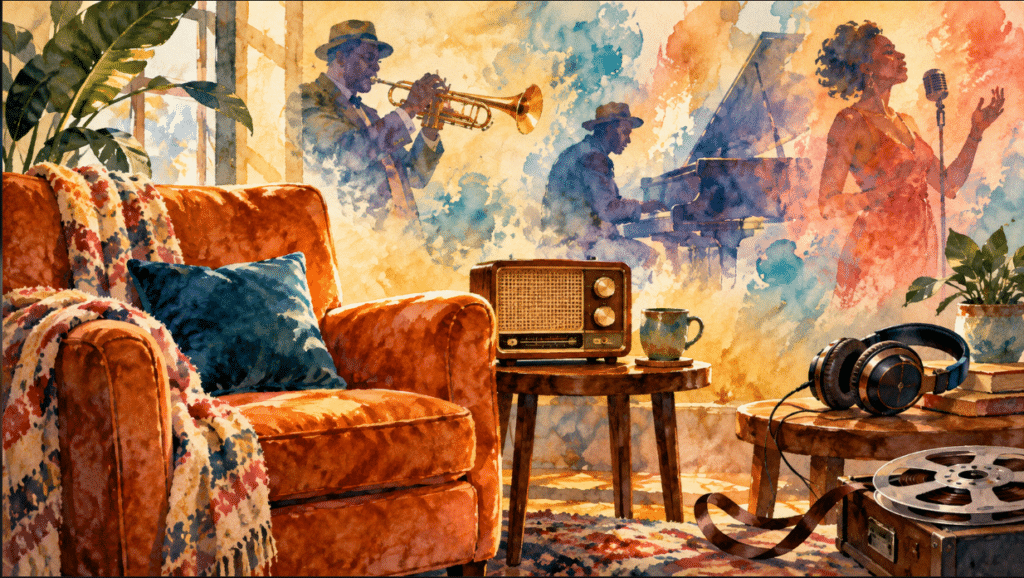 Watercolor of a radio, headphones and an armchair, with faint scenes of musicians behind them.